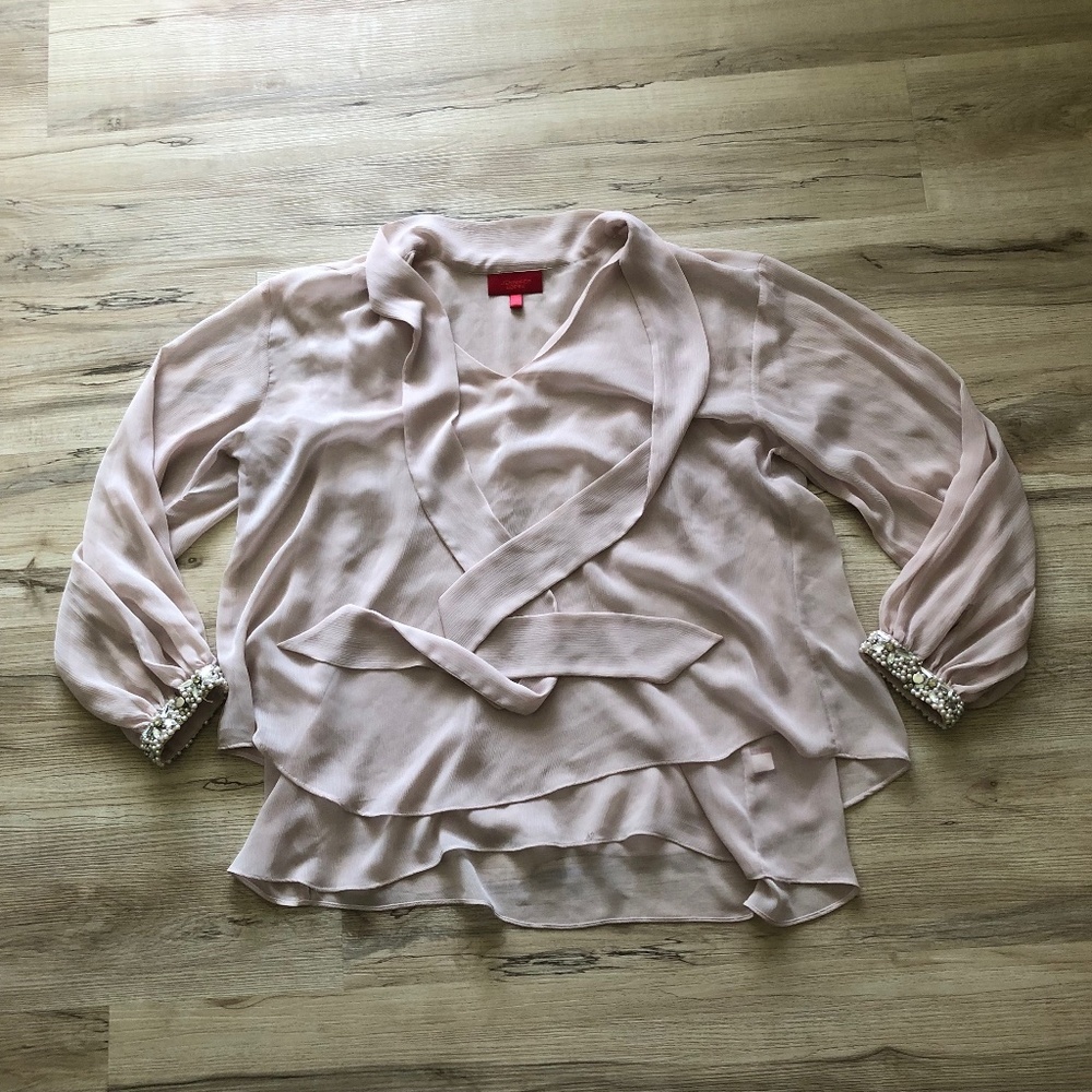 Jennifer Lopez Flowy Blouse w/ Neck & Jewelled Cuffs